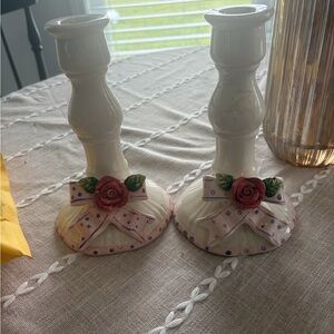 Decorative Ceramic White Candlestick Pair with Pink Rose Accents
